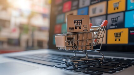 A miniature shopping cart filled with boxes placed on a laptop keyboard, symbolizing online shopping and e-commerce. The colorful digital interface in the background adds vibrancy.
