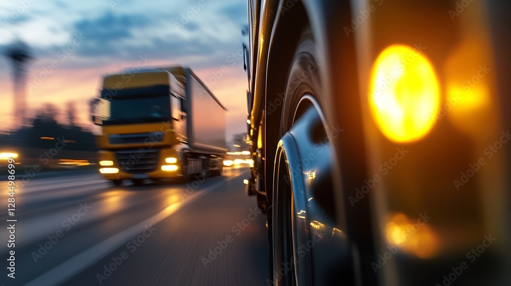 Poster dynamic motion shot of trucks speeding down a highway during dusk showcasing road transport : genera