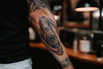 Close-up of biomechanical tattoo featuring camera lens being applied on man's forearm