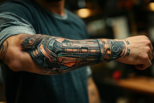 Customer showing amazing biomechanical tattoo covering forearm