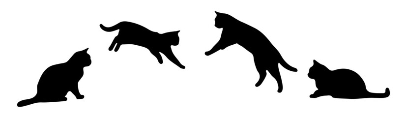 Vector collection of cat silhouettes in different poses, isolated on a white background.