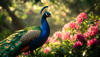 Obraz premium A majestic peacock stands on a rock in a lush tropical jungle, Generative AI
