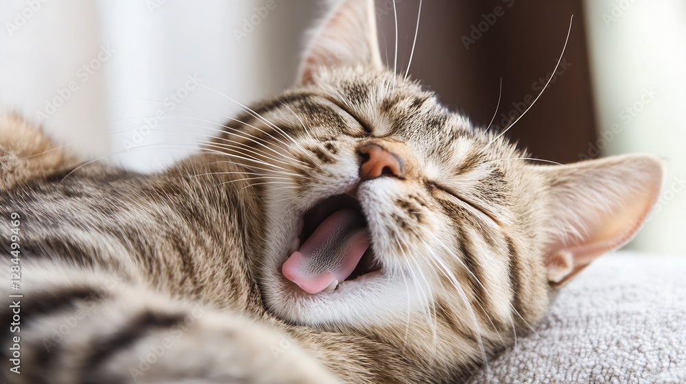 Poster cute domestic cat yawning while lounging comfortably in a soft sunlight environment by the window : 