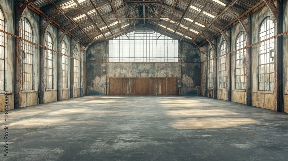 Poster spacious empty warehouse with high ceilings large windows and an industrial hangarstyle setup suitab