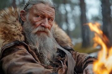 Elderly man with long beard sits by the fire in a forest during a chilly evening in the wilderness