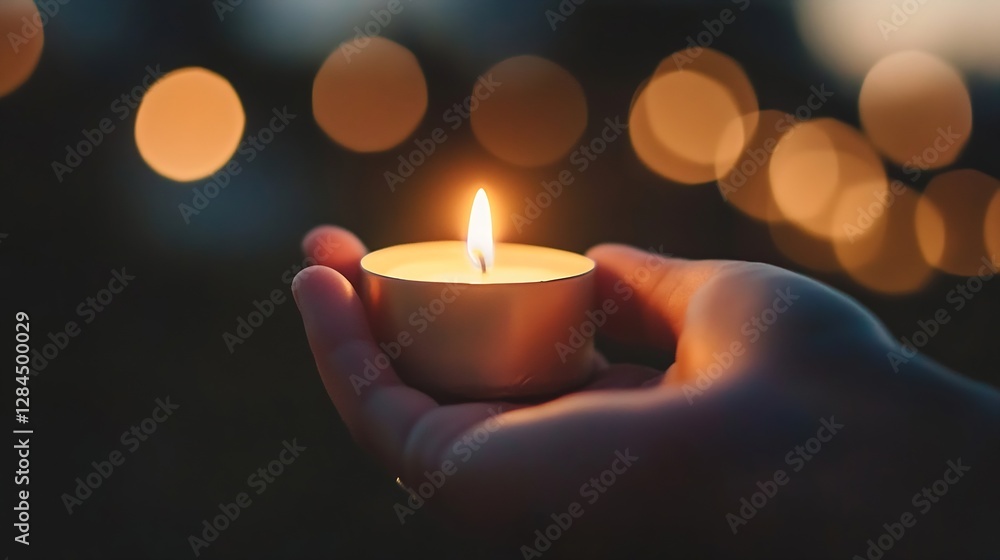 Fototapete hand holding a lit candle creating a warm atmosphere with blurred bokeh lights in the background for