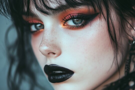 Close-up of a fashion model with dramatic black lipstick and orange eyeshadow, showcasing a bold and edgy makeup look