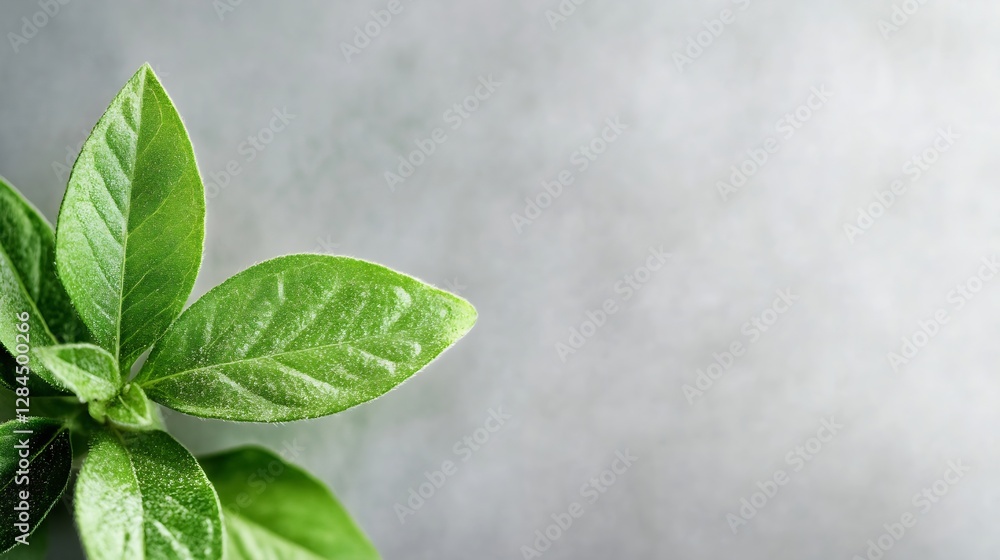 Poster Closeup of lush green leaves with a textured surface on a soothing gray background exuding tranquility and calm : Generative AI