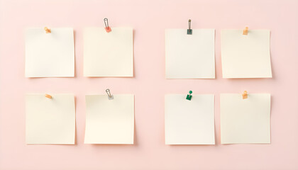 Eight blank sticky notes pinned to a light pink background, symbolizing tasks or workflow organization
