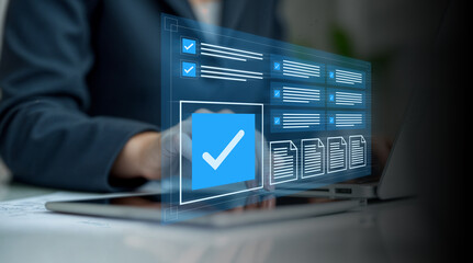 Document Management System (DMS) concept. Businessmen and Businesswomen checklist, managing and access information in online exam standards and document Control for company database access