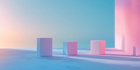 A minimalist scene with three cubes in different shades of pink and blue, placed on an empty surface, with soft lighting casting gentle shadows