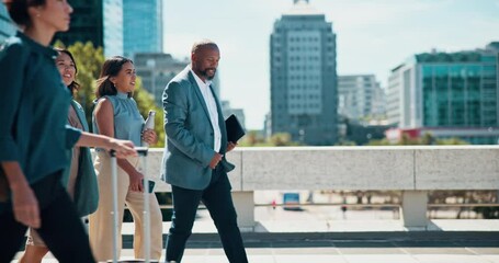 Outdoor, walking and business people with teamwork, travel and commute with cooperation. New York, group or employees in urban town, schedule or buildings with collaboration, development or chatting