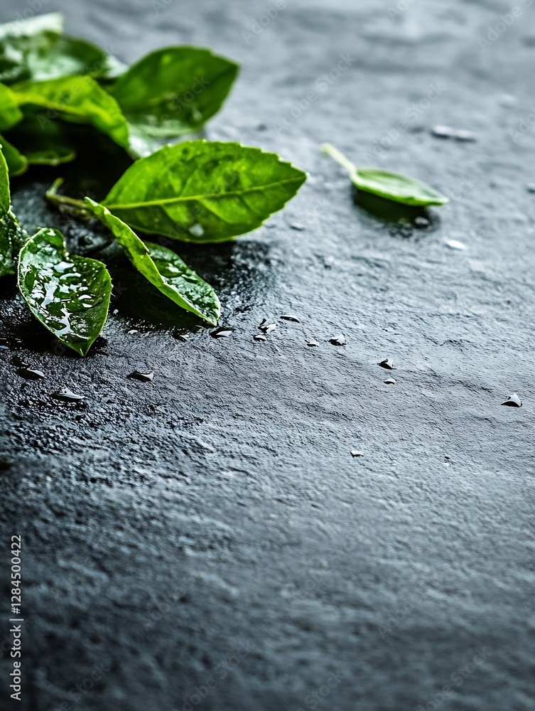 Poster fresh green leaves with droplets of water on dark stone surface creating a natural ambiance : genera