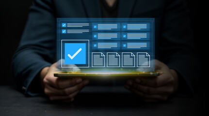 Document Management System (DMS) concept. Businessmen and Businesswomen checklist, managing and access information in online exam standards and document Control for company database access