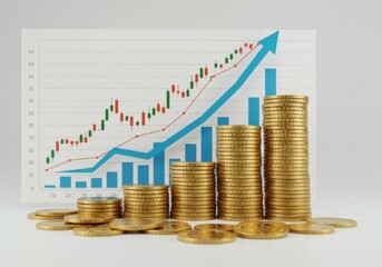 A modern financial depiction with coin stacks and colorful charts, ideal for business contexts.