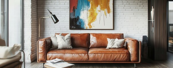 Modern living room with brown leather sofa and abstract wall art