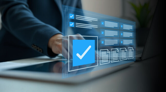 Document Management System (DMS) concept. Businessmen and Businesswomen checklist, managing and access information in online exam standards and document Control for company database access