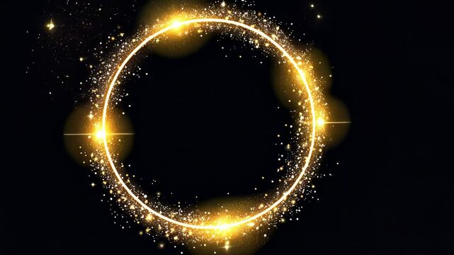 Round gold rotating frame. Christmas frame. Golden sparkling sequins.