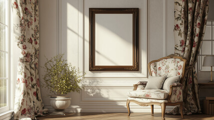 Elegant Vintage-Inspired Living Room Featuring a Frame Mockup with Antique Furniture, Floral Curtains, and a Warm, Cozy Ambiance