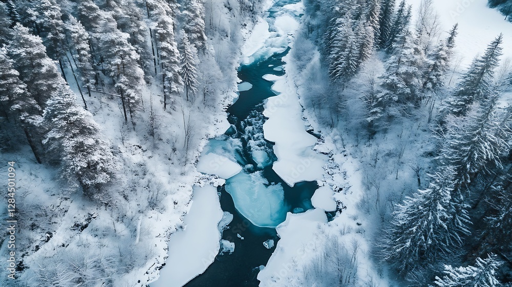 Poster Aerial View of a Frozen River Surrounded by Snowy Forest Trees : Generative AI