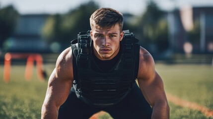 Quarterback training with weighted vests on a sunny afternoon field. Featuring strength and endurance