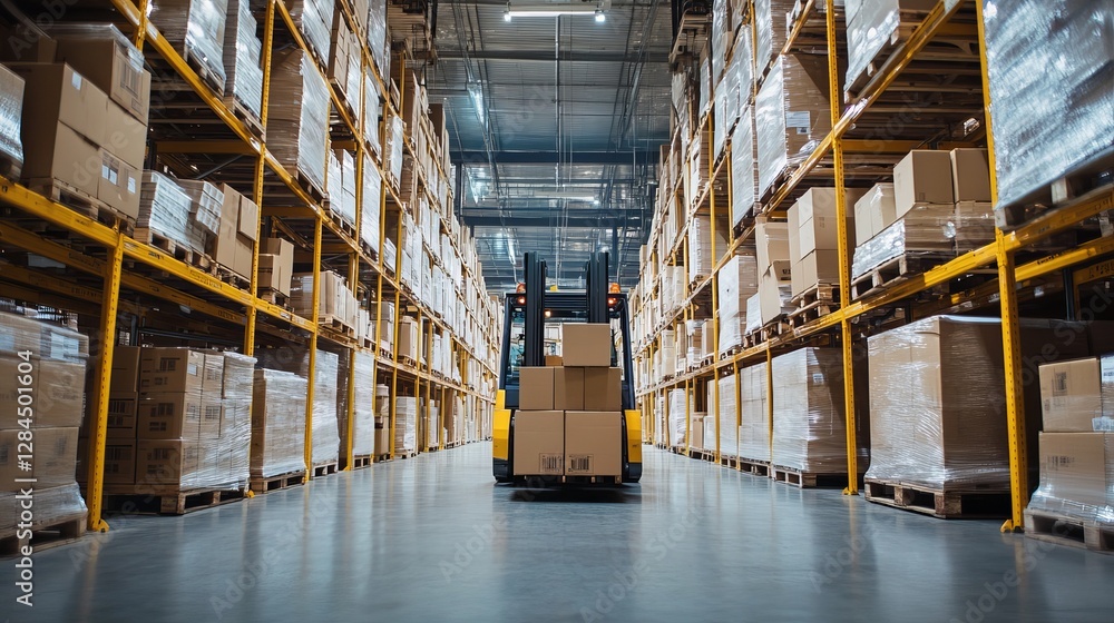Poster warehouse facility with pallets of boxes forklifts in motion and a structured logistics and delivery