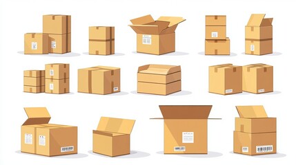 Warehouse interior with stacked goods container packages and labeled cardboard boxes for delivery Flatstyle vector illustration