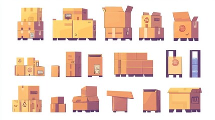 Warehouse interior with stacked goods container packages and labeled cardboard boxes for delivery Flatstyle vector illustration
