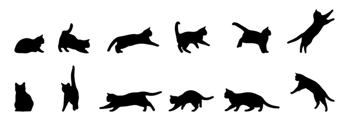 Obraz premium Cat silhouette vector collection displays drawings in various poses on a white background.