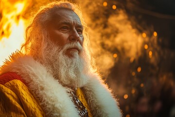 Elderly man with flowing white beard and bright attire stands against a fiery background during a cultural festival celebration