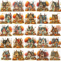 Naklejka premium Watercolor Autumn House. AI generated illustration