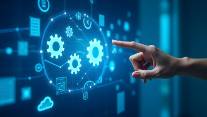 Futuristic digital interface on a glass screen with glowing gear icons and interconnected nodes. A hand points at the center, symbolizing technology and workflow automation.