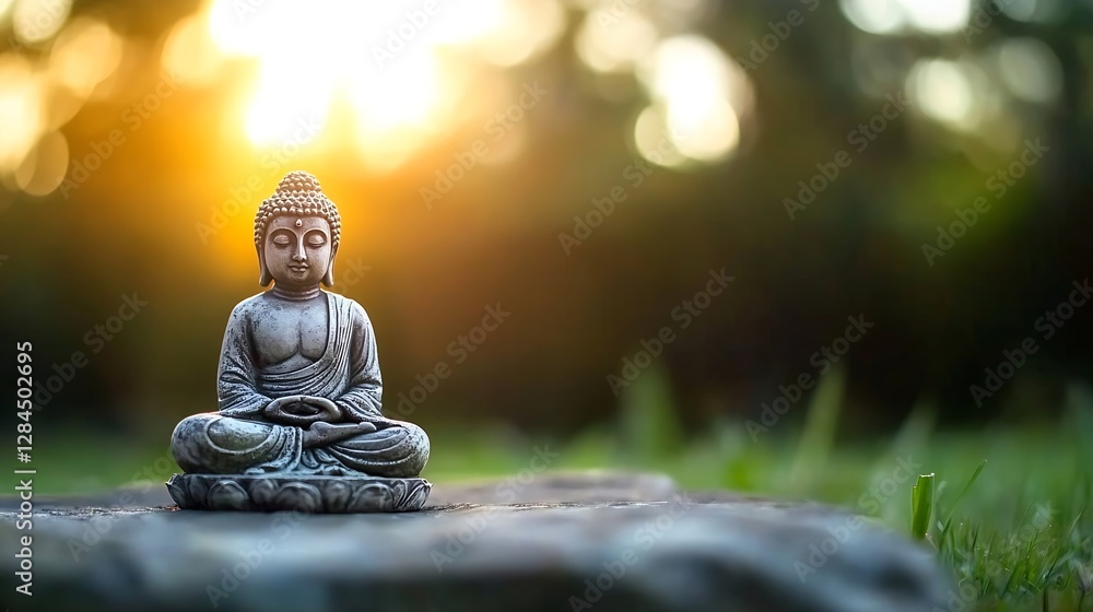 Poster serene buddha statue captured in soft natural light during golden hour : generative ai