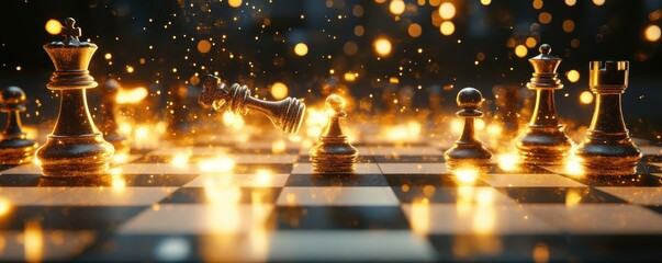 Illuminated chessboard with golden pieces and dramatic falling king in dramatic lighting