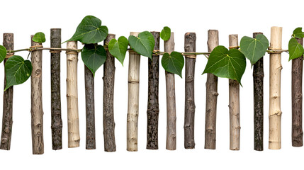 Fence with vines, leaves, against dark backdrop. Border element for website or poster