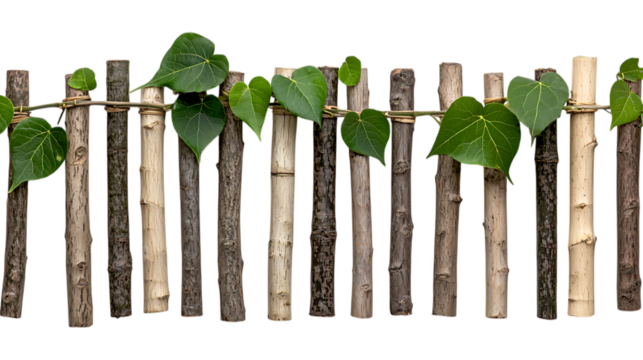 Fence with vines, leaves, against dark backdrop. Border element for website or poster