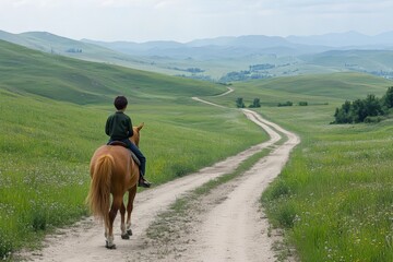 Riding through green hills on a sunny day with a young rider enjoying the peaceful landscape