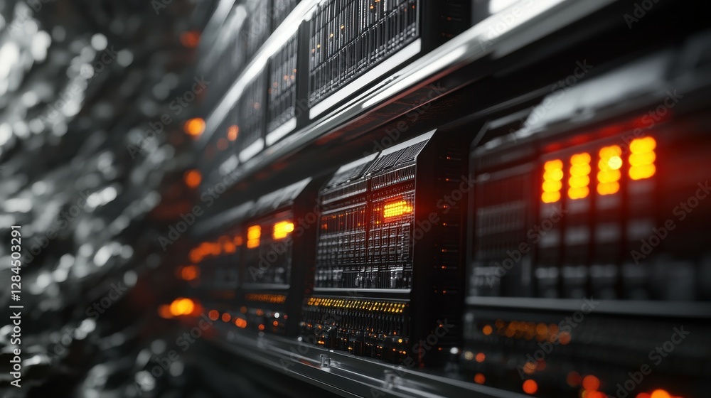 Poster advanced data center with illuminated server racks and orange lights