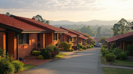 Obraz premium Sunrise view of a quiet residential street with terracotta-roofed homes