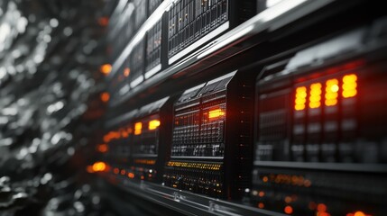 Advanced data center with illuminated server racks and orange lights