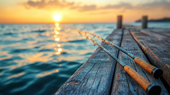 Sunset fishing rods on dock over water - Powered by Adobe
