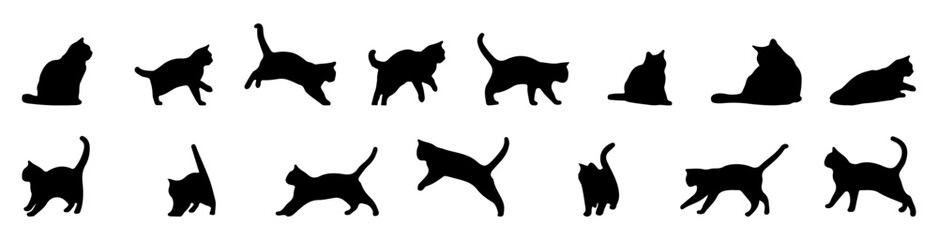 Vector collection set of cat silhouettes isolated in various poses.