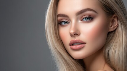 Fototapeta premium Blonde woman with sleek, straight hair and fresh makeup, soft gray background for a modern look