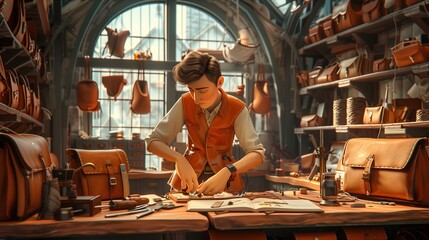 Artisan craftsman meticulously working in a charming leather workshop.