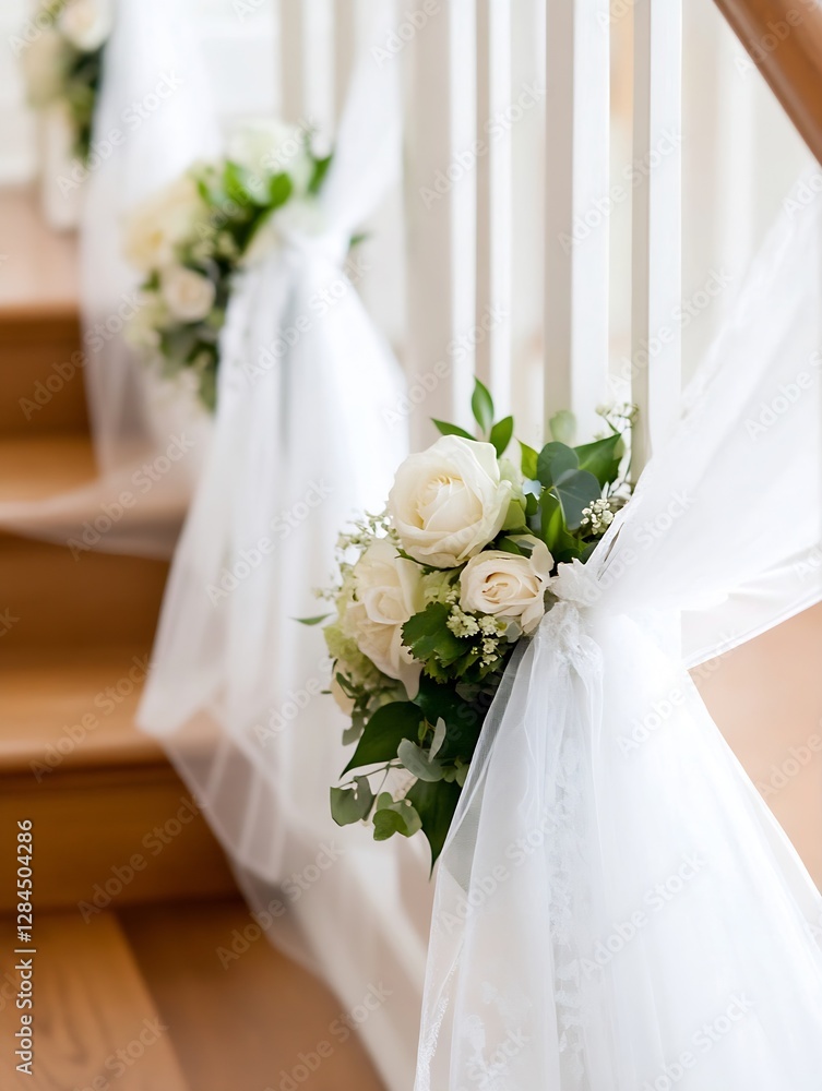 Poster beautifully arranged wedding flowers on a staircase adding elegance and charm to a romantic setting 