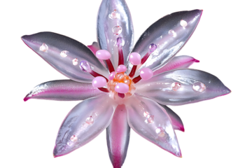 Transparent flower close-up with dew drops on petals over black. Floral element