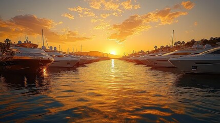 Obraz premium Sunset over luxury yachts in marina
