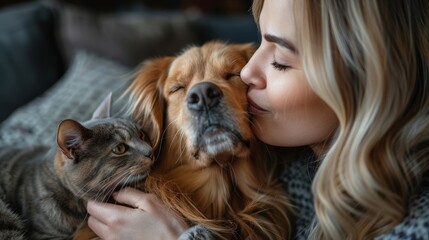 Fototapeta na wymiar Woman cuddling her Golden Retriever and cat, a heartwarming moment of love and companionship between pets and their owner.