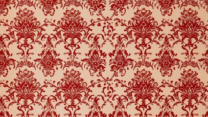red wallpaper featuring vintage flock with a red damask design on a white background. This retro vintage style adds a classic, timeless elegance to any space, perfect for traditional or nostalgic inte