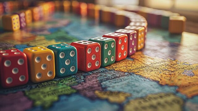 World in Play: A vibrant, colorful sequence of dice meanders across a detailed map, symbolizing chance, strategy, and global connections. A close-up perspective captures the playful arrangement.